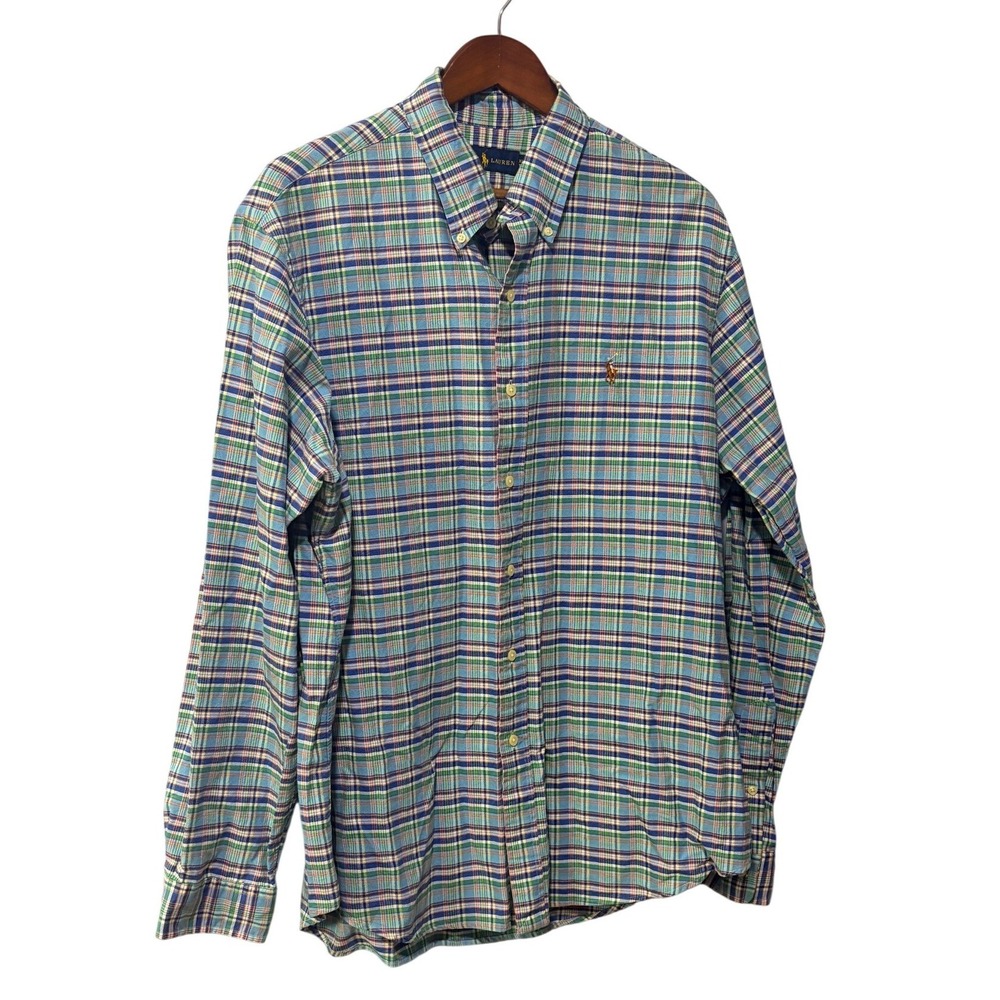 Ralph Lauren Mens XL Plaid Button Down Shirt Blue Green Orange Cotton Oxford
